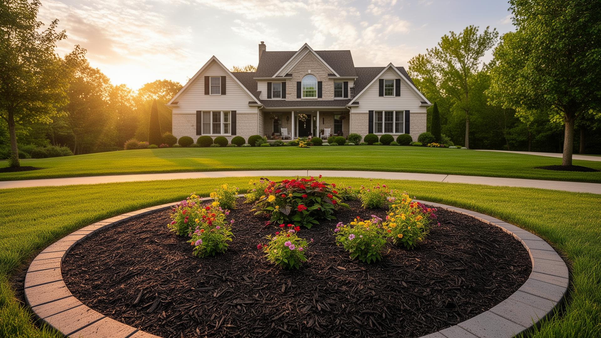 Freshly mulched flower beds and clean landscaping at a home in Central Indiana